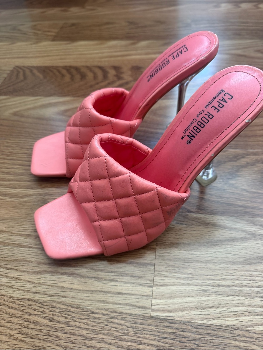 Cape Robbin Quilted Coral Slide Heels with Clear Stiletto